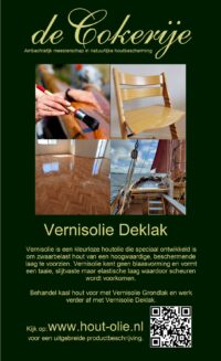 Vernisolie Deklak is een slijtvaste, waterbestendig blanke lak die elastisch is en niet bladdert.