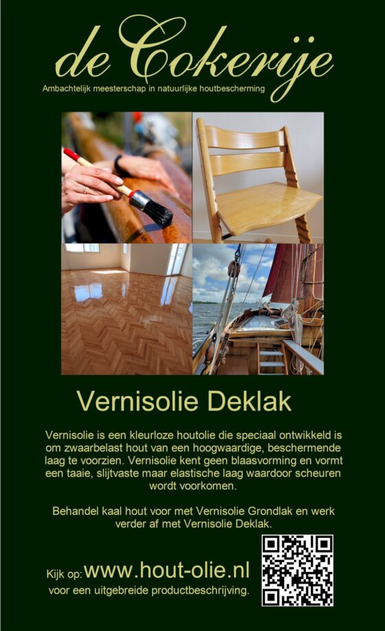 Vernisolie Deklak is een slijtvaste, waterbestendig blanke lak die elastisch is en niet bladdert.